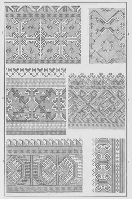 Орнаменты в марийской вышивке. 2. На ткани. 3. На головном уборе. 5. На груди рубашки.