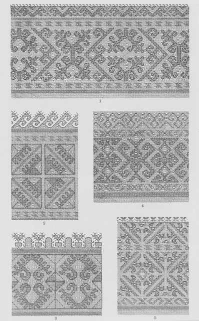 Орнаменты в марийской вышивке. На рис. 3 - вышивка на головном уборе. На рис. 4 - на груди рубашки.