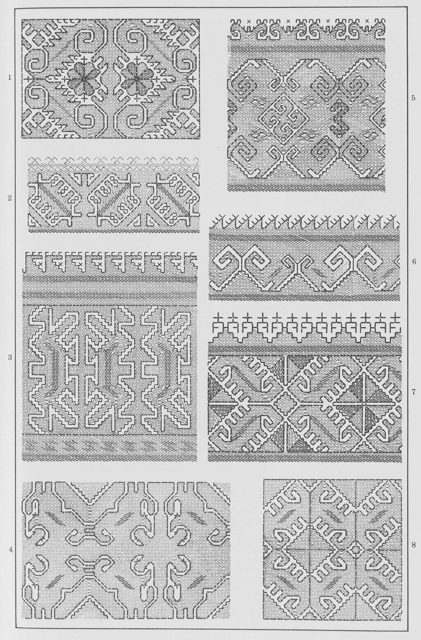 Орнаменты в марийской вышивке. 1. На головном уборе. 3. На рубашке. 4. На головном уборе.
