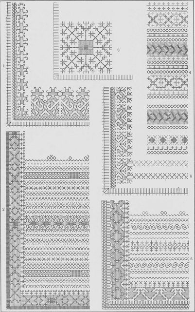 Орнаменты в марийской вышивке. 1. Вышивка на ткани. Морки. 2. На платке. Деревня Еласы. 3. На ткани. Морки. 4. На поясе…
