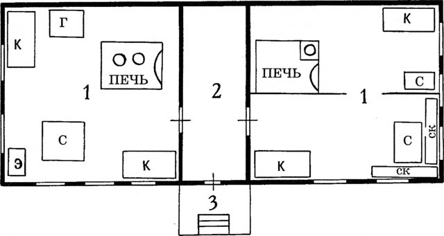 План жилого дома типа изба — сени — изба (Моркинский район)