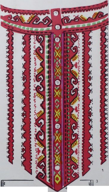 Пример нагрудной вышивки современной марийской мужской рубашки. Составлен из вертикальных ораментированных полос. На ве…